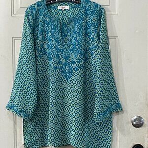 Amaya Women's Silk Sz 42/ US L Tunic Long Sleeve Turquoise Geometric Embroidered